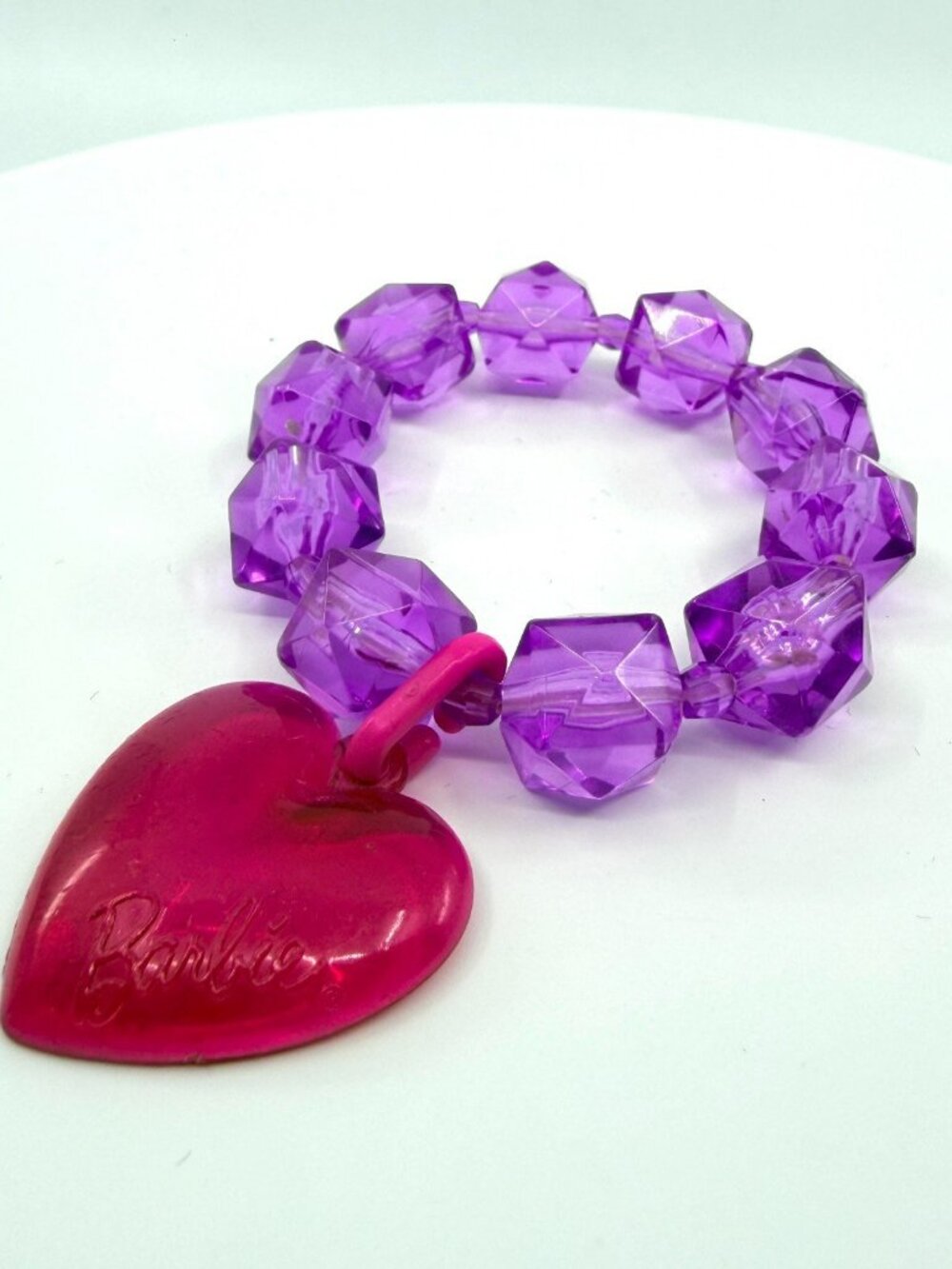 Vintage Barbie Pink Heart Charm Bracelet Y2K Purple Chunky Beads